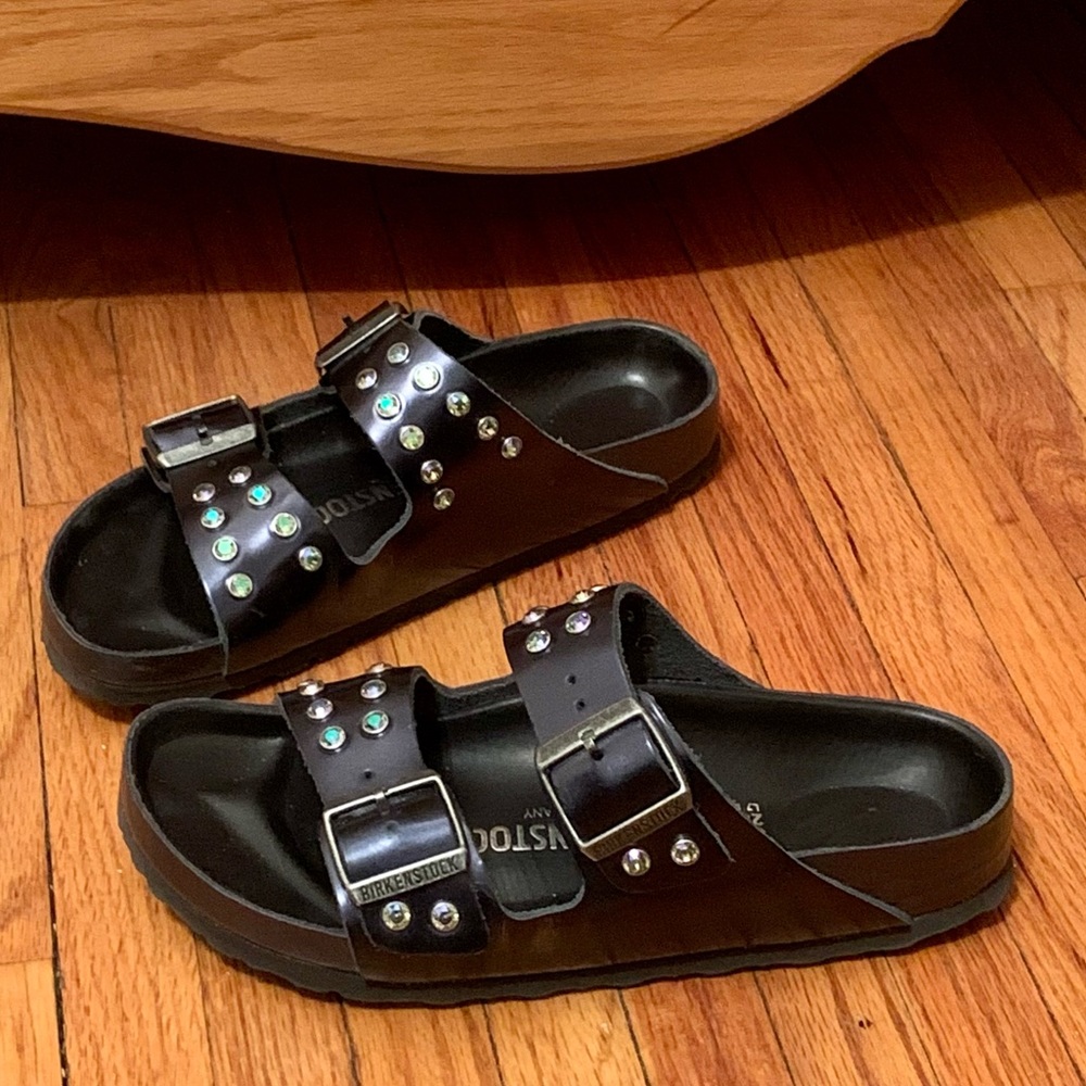 Black Leather & Rhinestone Studded Birkenstock Arizona 38N